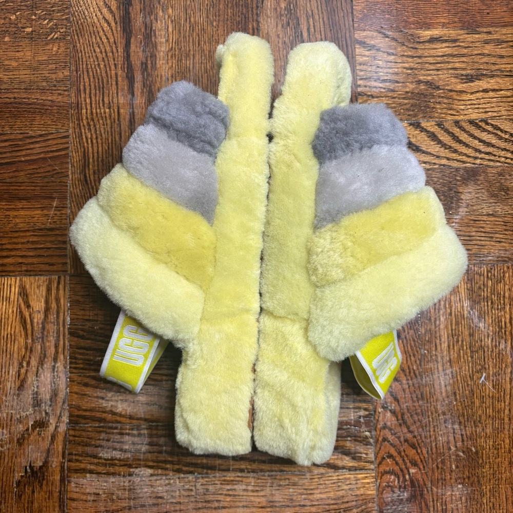 UGG Fluff Yeah Sandal Yellow Gray Fury Slipper Sheepskin Slide Women's Size 8